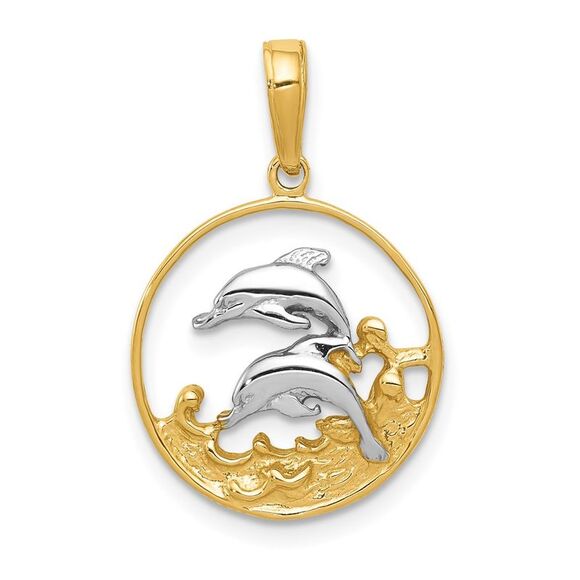 14k Yellow Gold & Rhodium Double Dolphins In Circle Pendant,All Products : American Fashion Style Bags On Sale